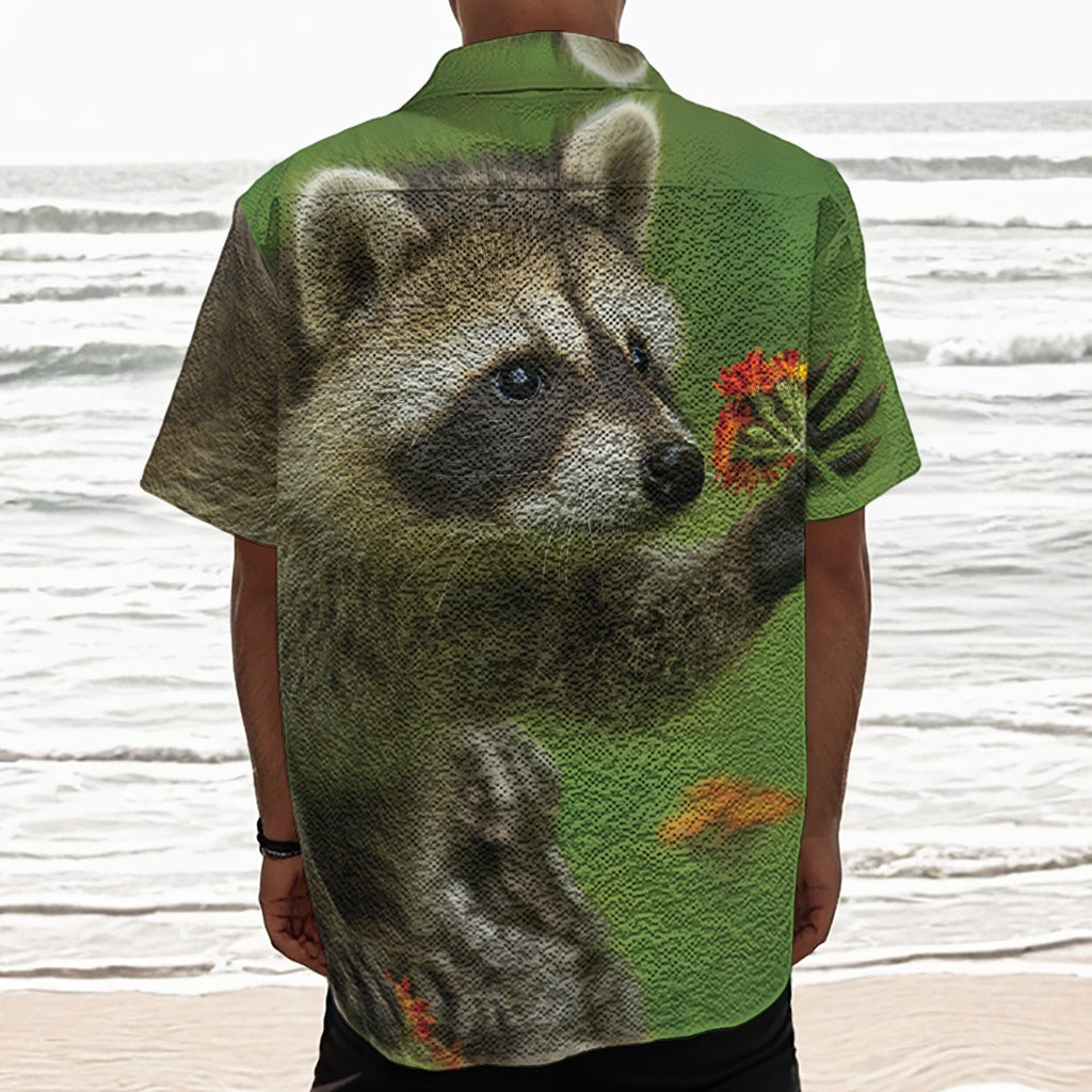 Raccoon And Flower Print Textured Short Sleeve Shirt