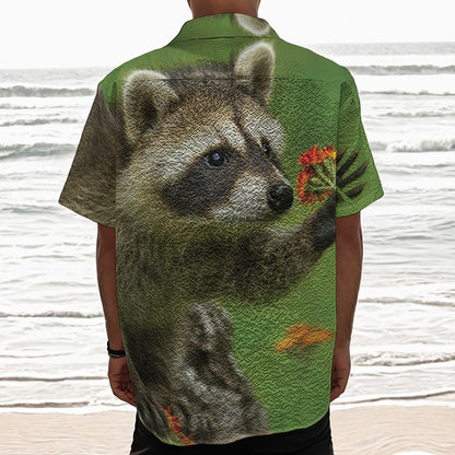 Raccoon And Flower Print Textured Short Sleeve Shirt