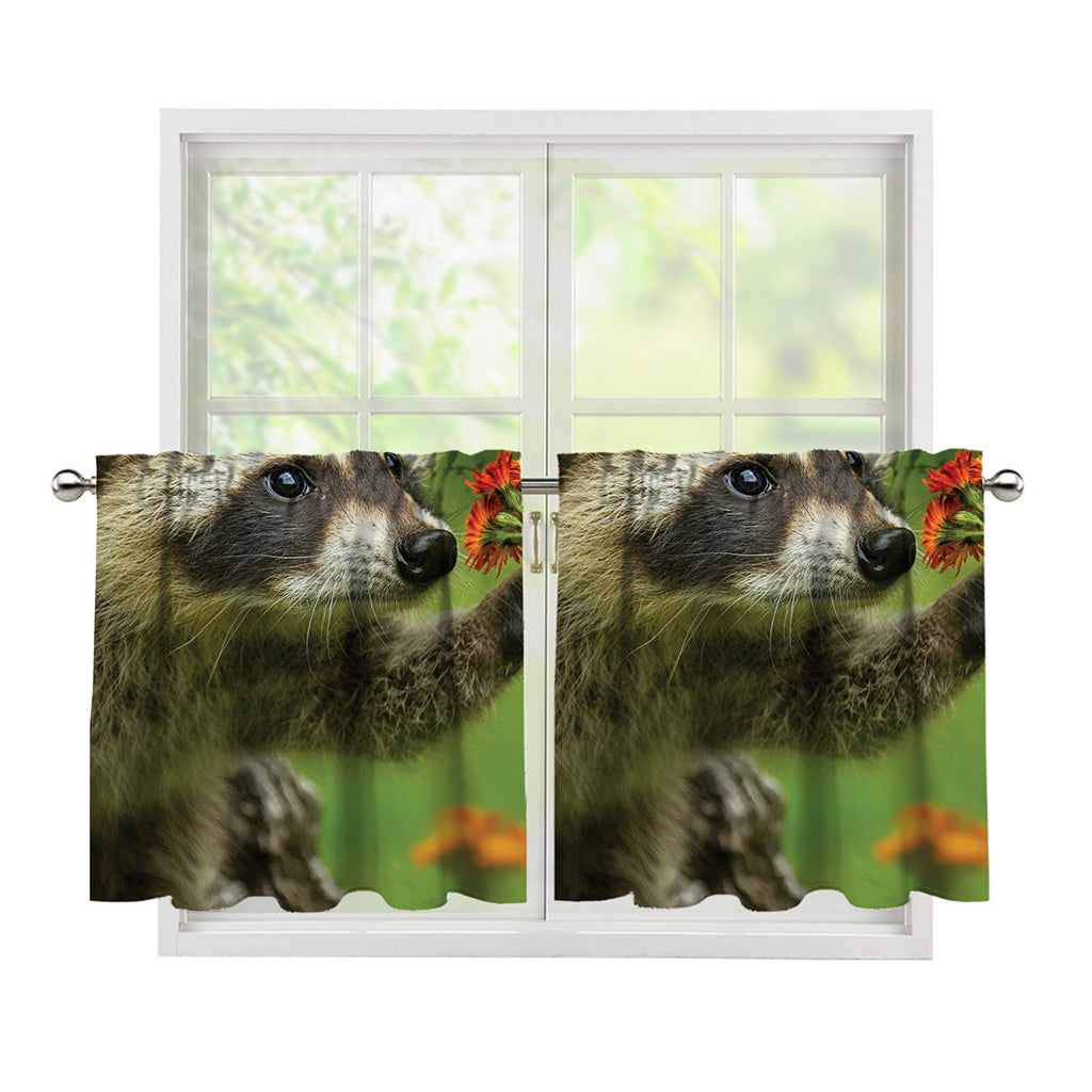 Raccoon And Flower Print Tier Curtains