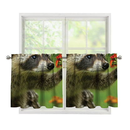 Raccoon And Flower Print Tier Curtains