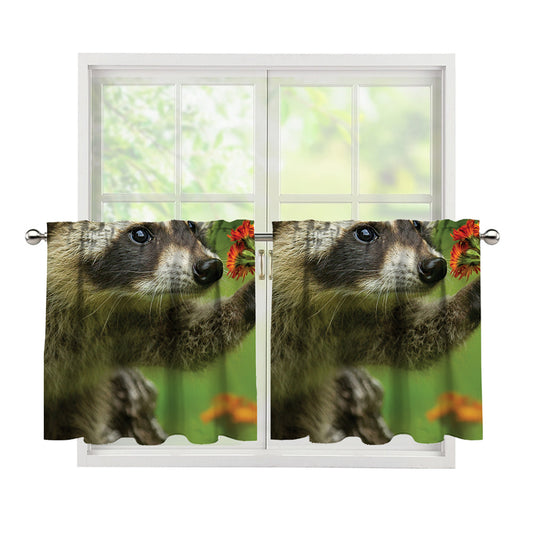 Raccoon And Flower Print Tier Curtains