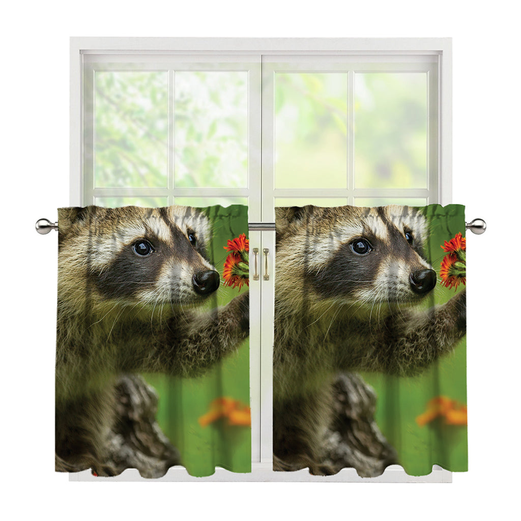 Raccoon And Flower Print Tier Curtains