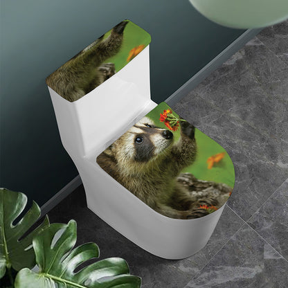 Raccoon And Flower Print Toilet Lid And Tank Cover Set