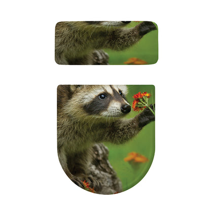 Raccoon And Flower Print Toilet Lid And Tank Cover Set