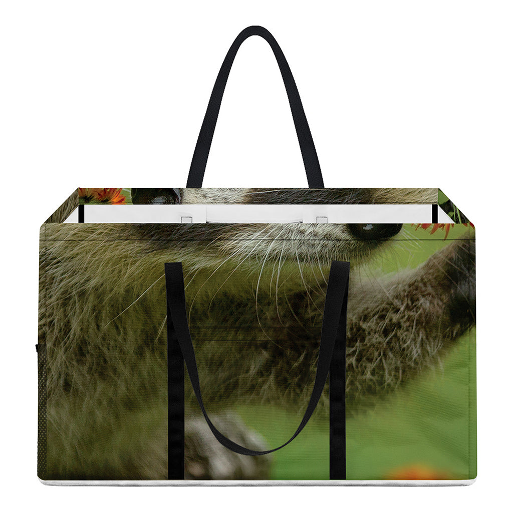 Raccoon And Flower Print Utility Tote Bag