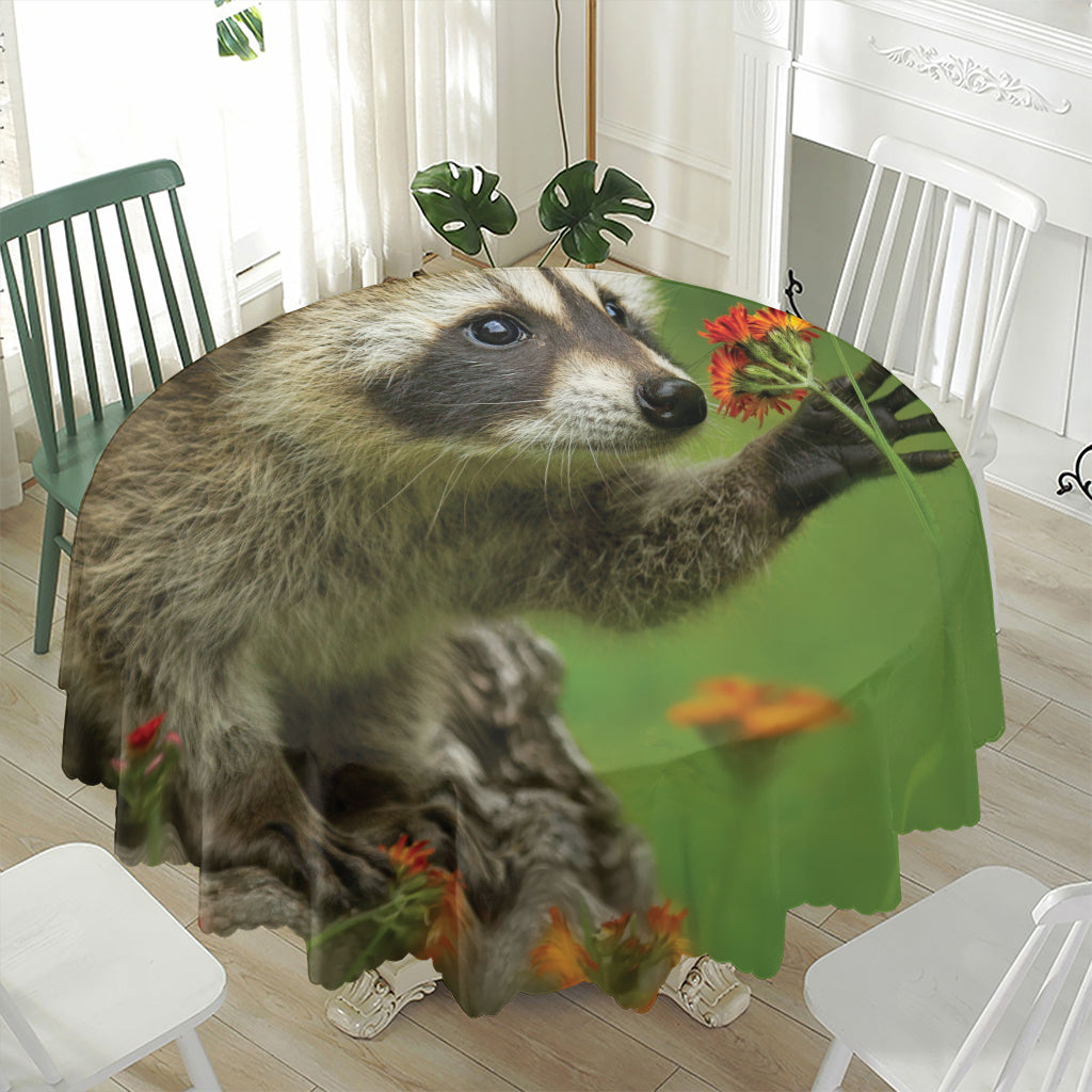Raccoon And Flower Print Waterproof Round Tablecloth