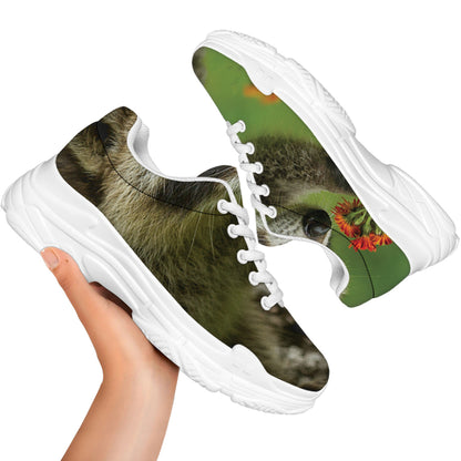 Raccoon And Flower Print White Chunky Shoes