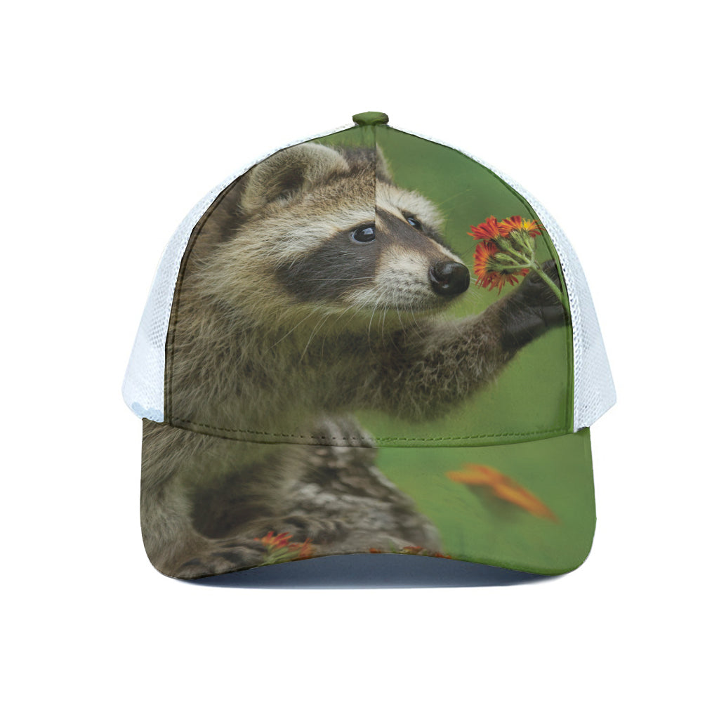 Raccoon And Flower Print White Mesh Trucker Cap