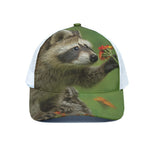 Raccoon And Flower Print White Mesh Trucker Cap