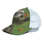 Raccoon And Flower Print White Mesh Trucker Cap