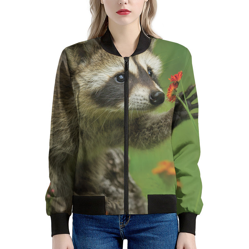 Raccoon And Flower Print Women's Bomber Jacket