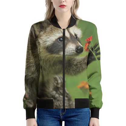 Raccoon And Flower Print Women's Bomber Jacket