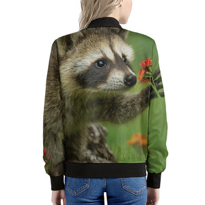 Raccoon And Flower Print Women's Bomber Jacket