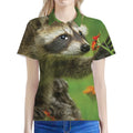 Raccoon And Flower Print Women's Polo Shirt
