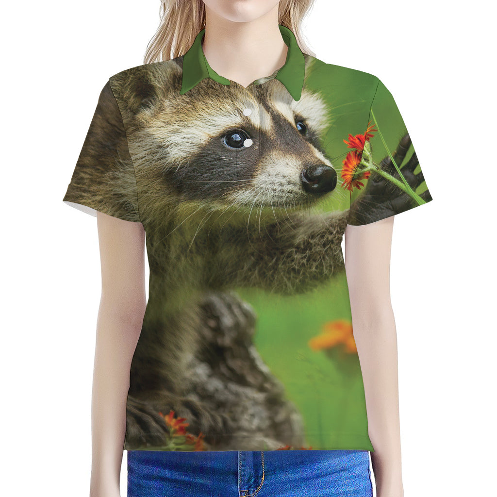 Raccoon And Flower Print Women's Polo Shirt