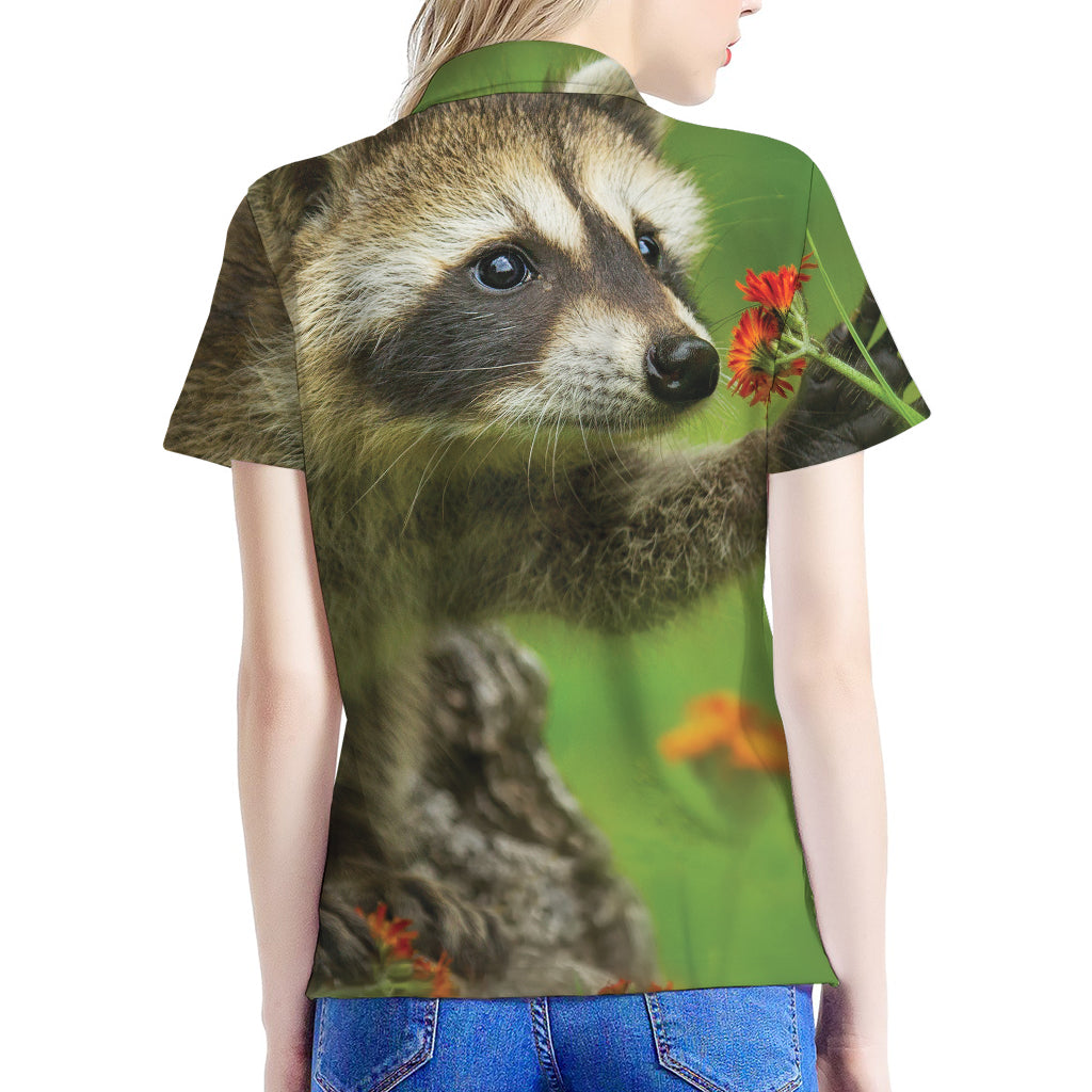 Raccoon And Flower Print Women's Polo Shirt