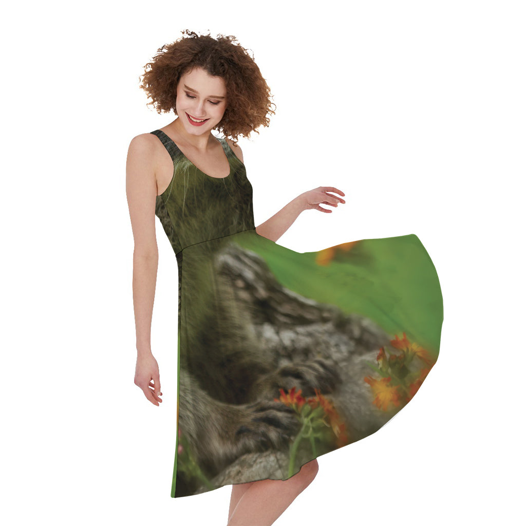 Raccoon And Flower Print Women's Sleeveless Dress