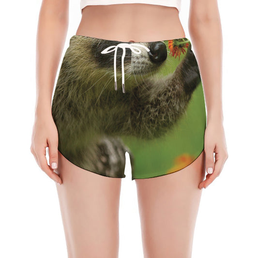 Raccoon And Flower Print Women's Split Running Shorts