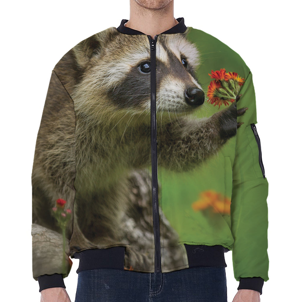 Raccoon And Flower Print Zip Sleeve Bomber Jacket