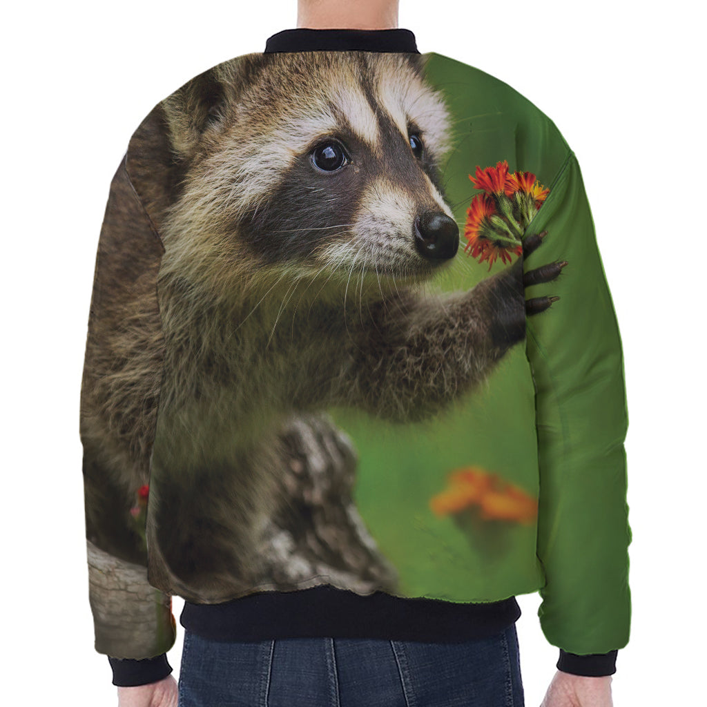 Raccoon And Flower Print Zip Sleeve Bomber Jacket