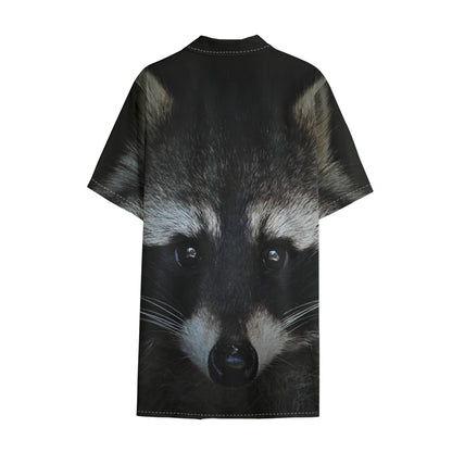 Raccoon Portrait Print Cotton Hawaiian Shirt