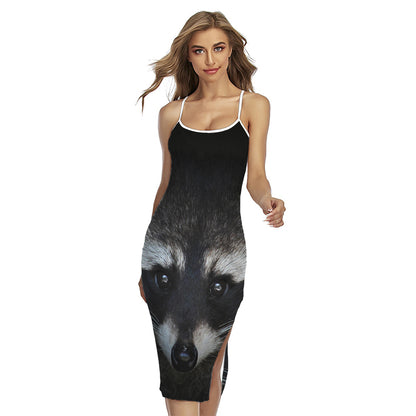 Raccoon Portrait Print Cross Back Cami Dress