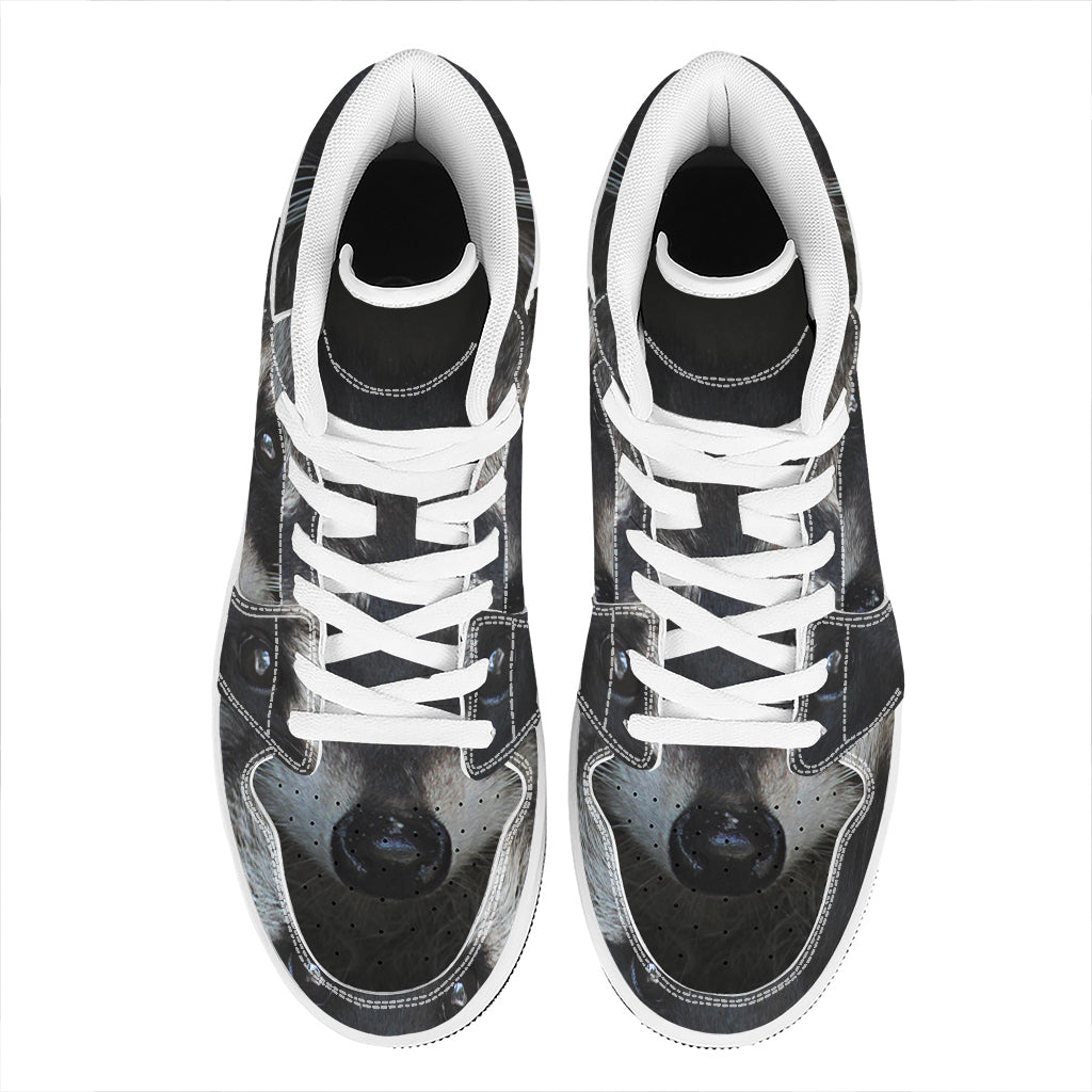 Raccoon Portrait Print High Top Leather Sneakers