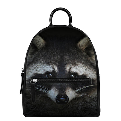 Raccoon Portrait Print Leather Backpack