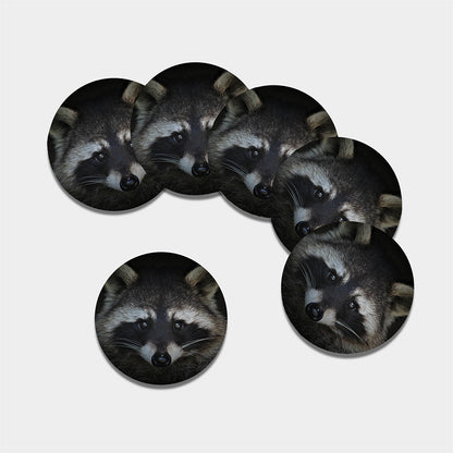 Raccoon Portrait Print Leather Coaster Set