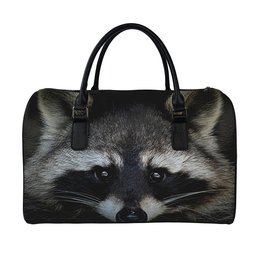 Raccoon Portrait Print Leather Duffle Bag