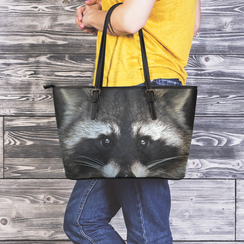 Raccoon Portrait Print Leather Tote Bag