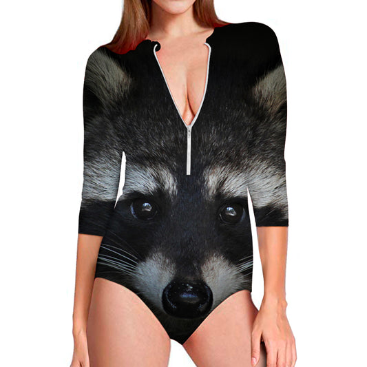 Raccoon Portrait Print Long Sleeve Swimsuit