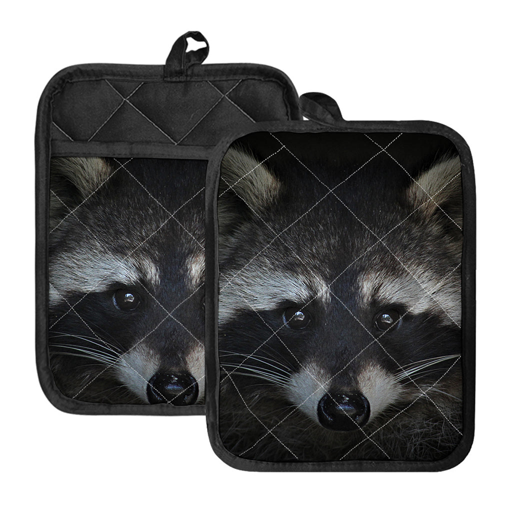 Raccoon Portrait Print Pot Holders With Pocket