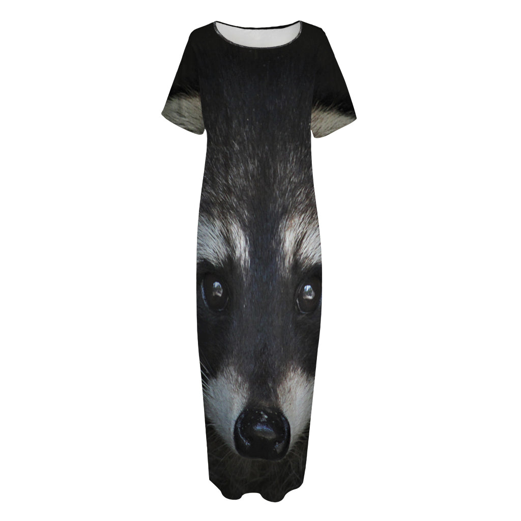 Raccoon Portrait Print Short Sleeve Long Nightdress