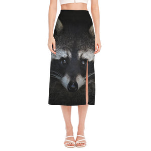 Raccoon Portrait Print Side Slit Midi Skirt