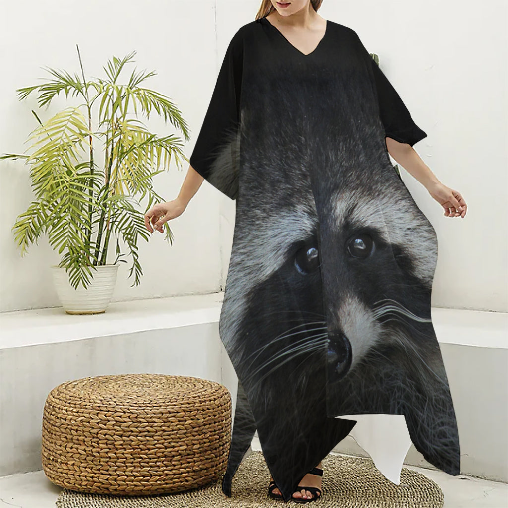 Raccoon Portrait Print Silk V-Neck Kaftan Dress