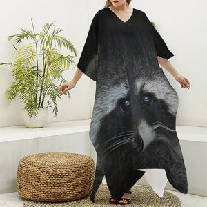 Raccoon Portrait Print Silk V-Neck Kaftan Dress