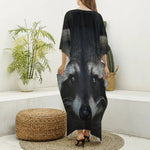 Raccoon Portrait Print Silk V-Neck Kaftan Dress