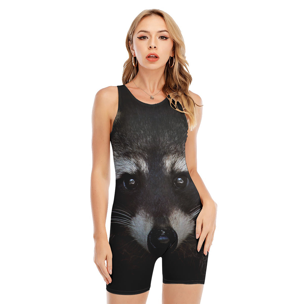 Raccoon Portrait Print Sleeveless One Piece Swimsuit