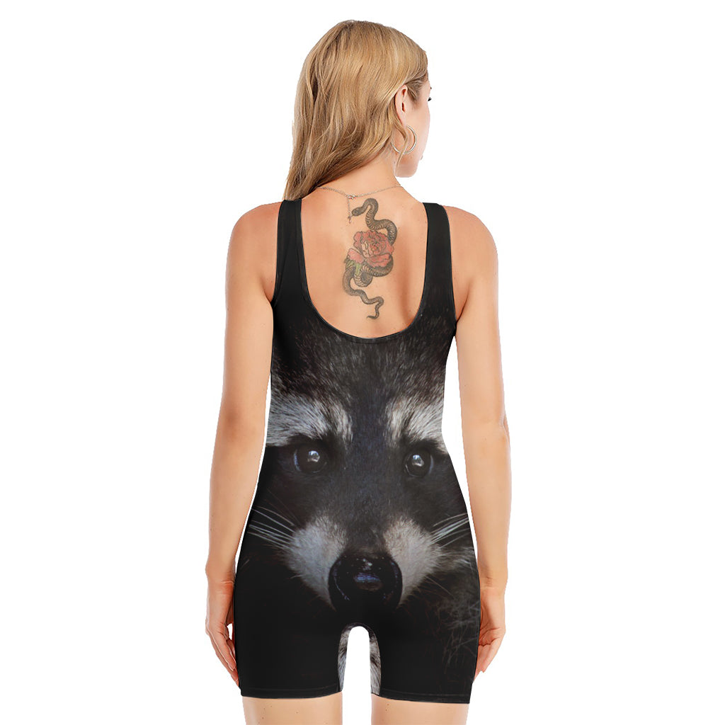 Raccoon Portrait Print Sleeveless One Piece Swimsuit