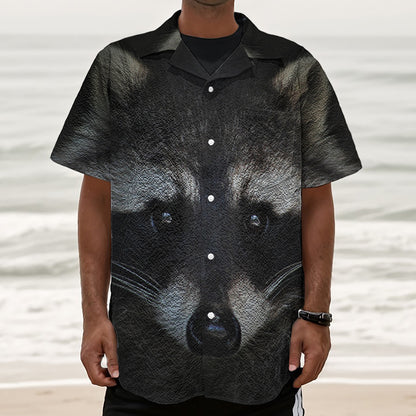 Raccoon Portrait Print Textured Short Sleeve Shirt