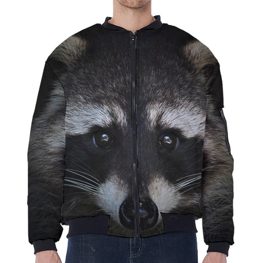 Raccoon Portrait Print Zip Sleeve Bomber Jacket