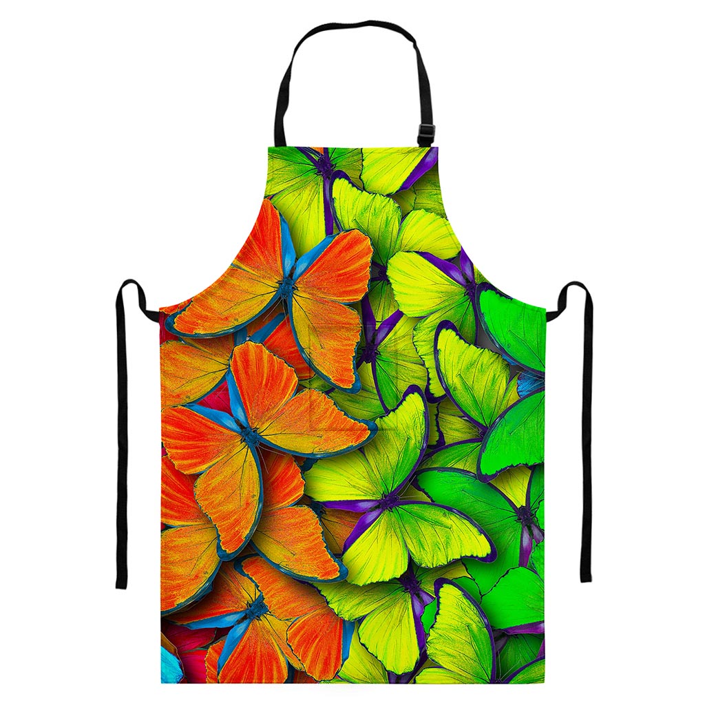 Rainbow Butterfly Pattern Print Bib Apron With Pocket