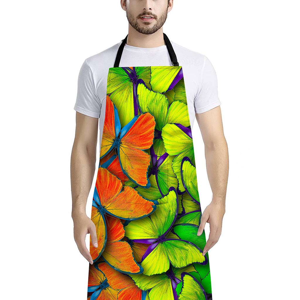 Rainbow Butterfly Pattern Print Bib Apron With Pocket