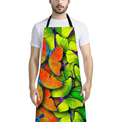 Rainbow Butterfly Pattern Print Bib Apron With Pocket