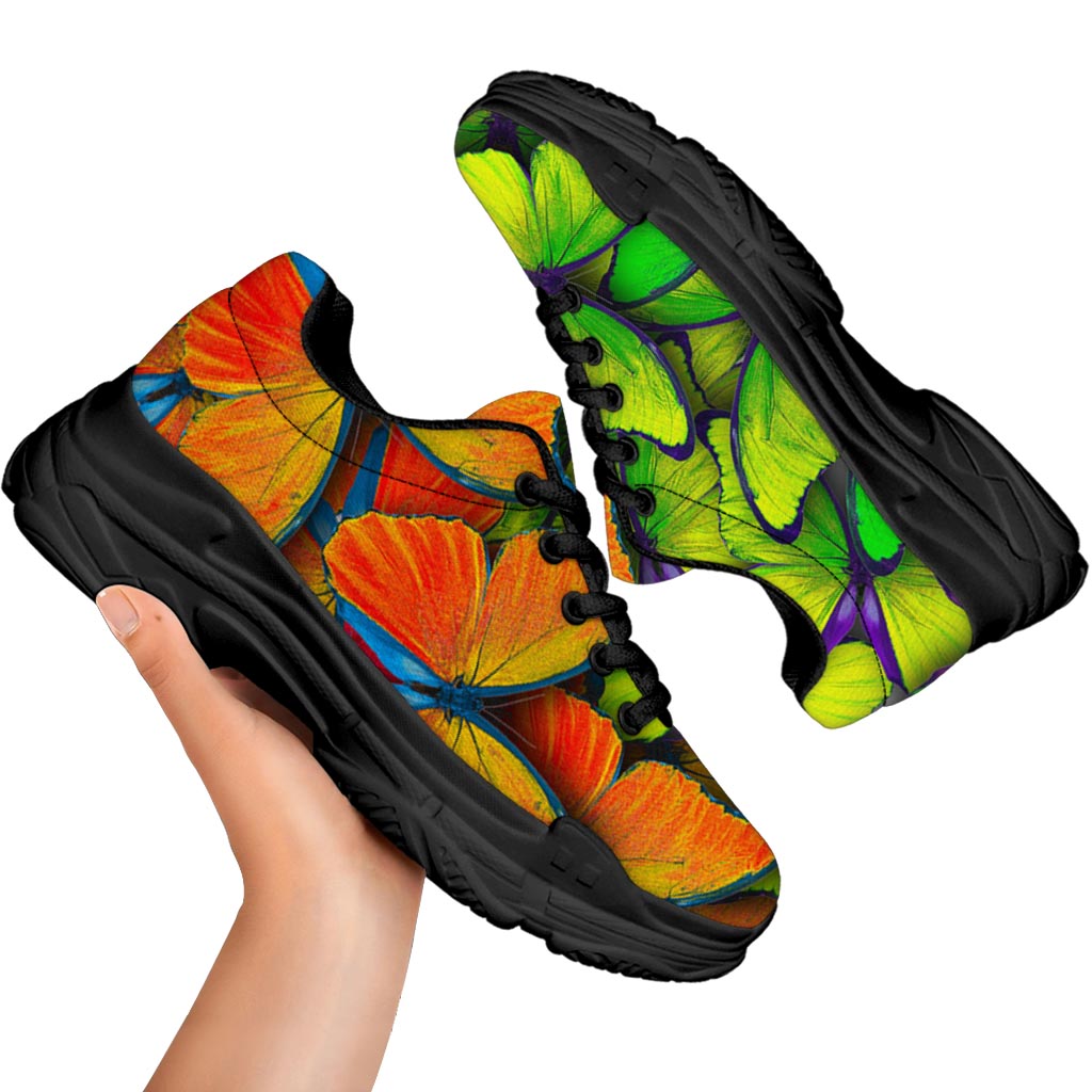 Rainbow Butterfly Pattern Print Black Chunky Shoes