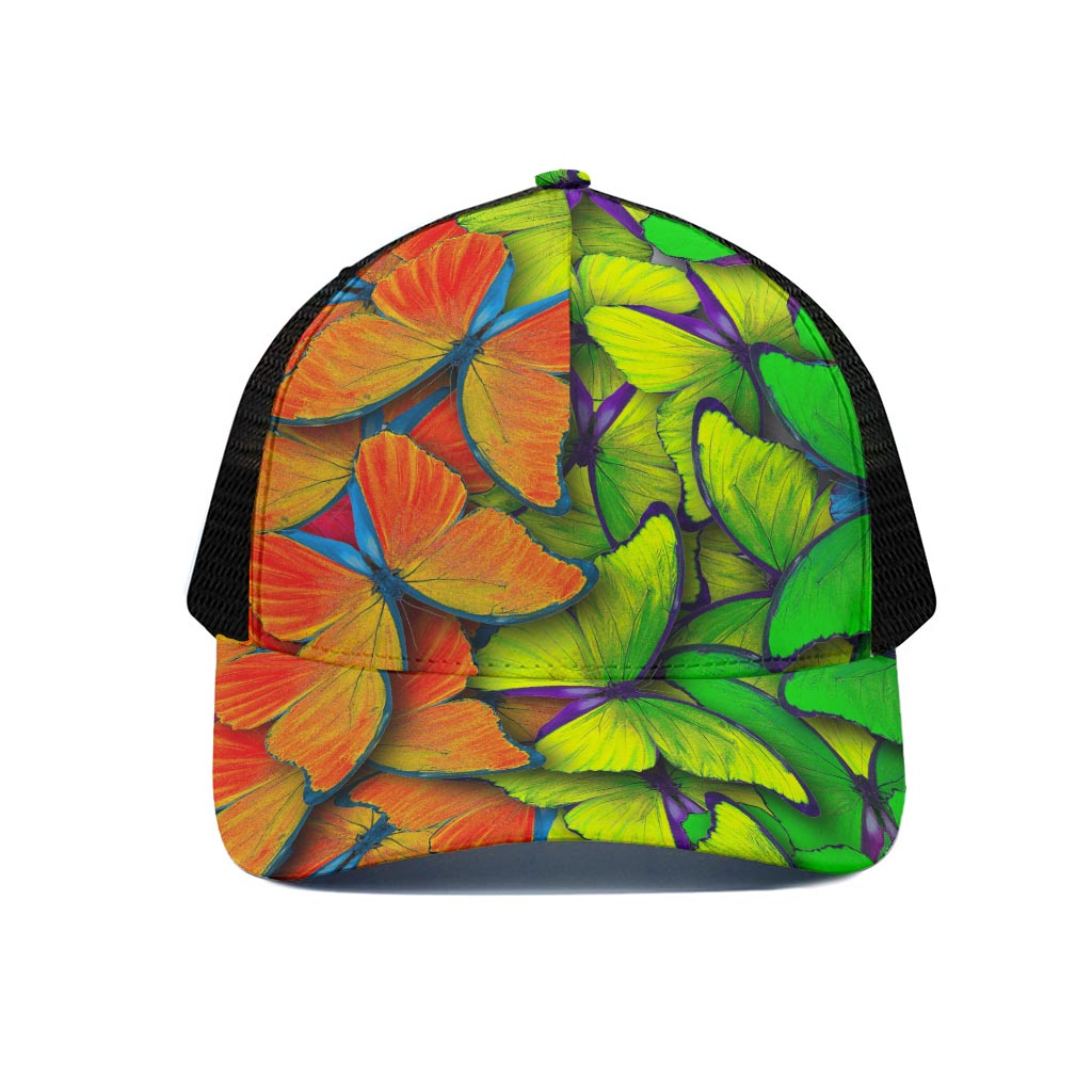Rainbow Butterfly Pattern Print Black Mesh Trucker Cap