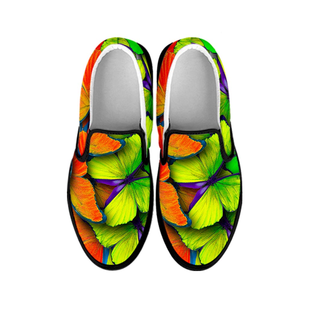 Rainbow Butterfly Pattern Print Black Slip On Sneakers