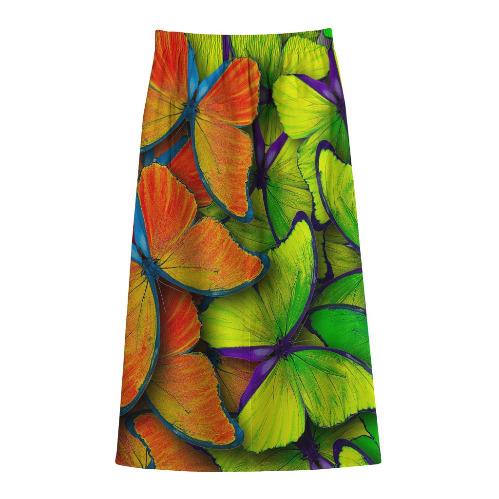 Rainbow Butterfly Pattern Print Cotton Front Slit Maxi Skirt