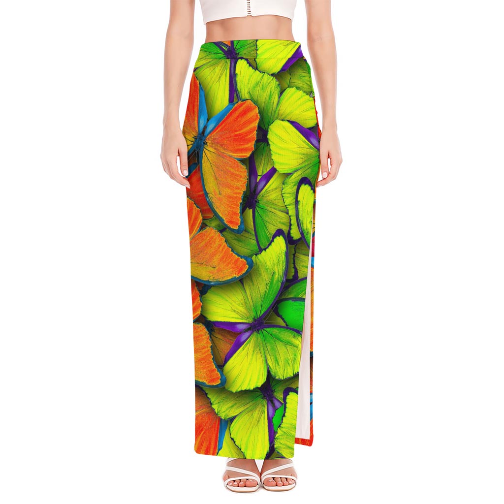 Rainbow Butterfly Pattern Print High Slit Maxi Skirt